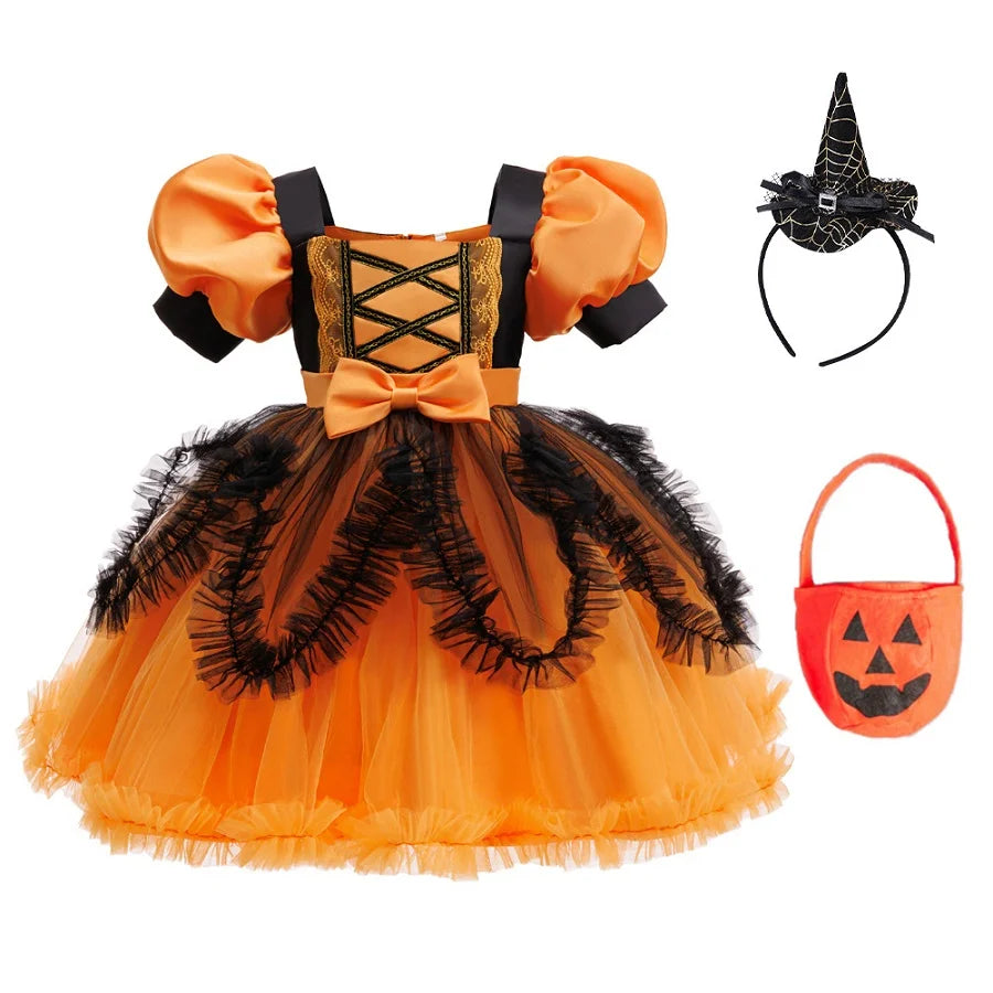Children's Halloween Costumes Girls Witch Cosplay Costume Girls' Puff Sleeve Colorblock Princess Dress casual dress+pumpkin bag