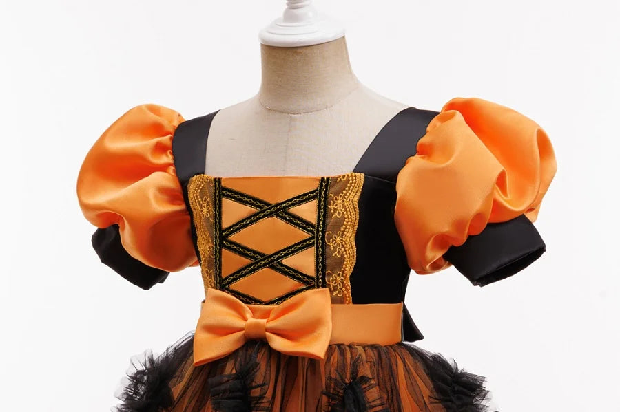 Children's Halloween Costumes Girls Witch Cosplay Costume Girls' Puff Sleeve Colorblock Princess Dress casual dress+pumpkin bag