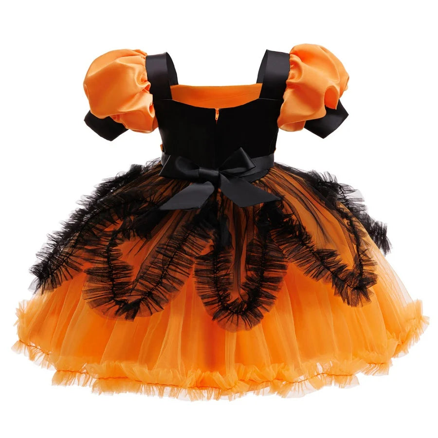Children's Halloween Costumes Girls Witch Cosplay Costume Girls' Puff Sleeve Colorblock Princess Dress casual dress+pumpkin bag