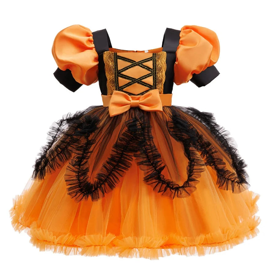 Children's Halloween Costumes Girls Witch Cosplay Costume Girls' Puff Sleeve Colorblock Princess Dress casual dress+pumpkin bag