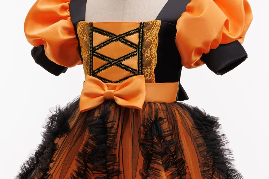 Children's Halloween Costumes Girls Witch Cosplay Costume Girls' Puff Sleeve Colorblock Princess Dress casual dress+pumpkin bag