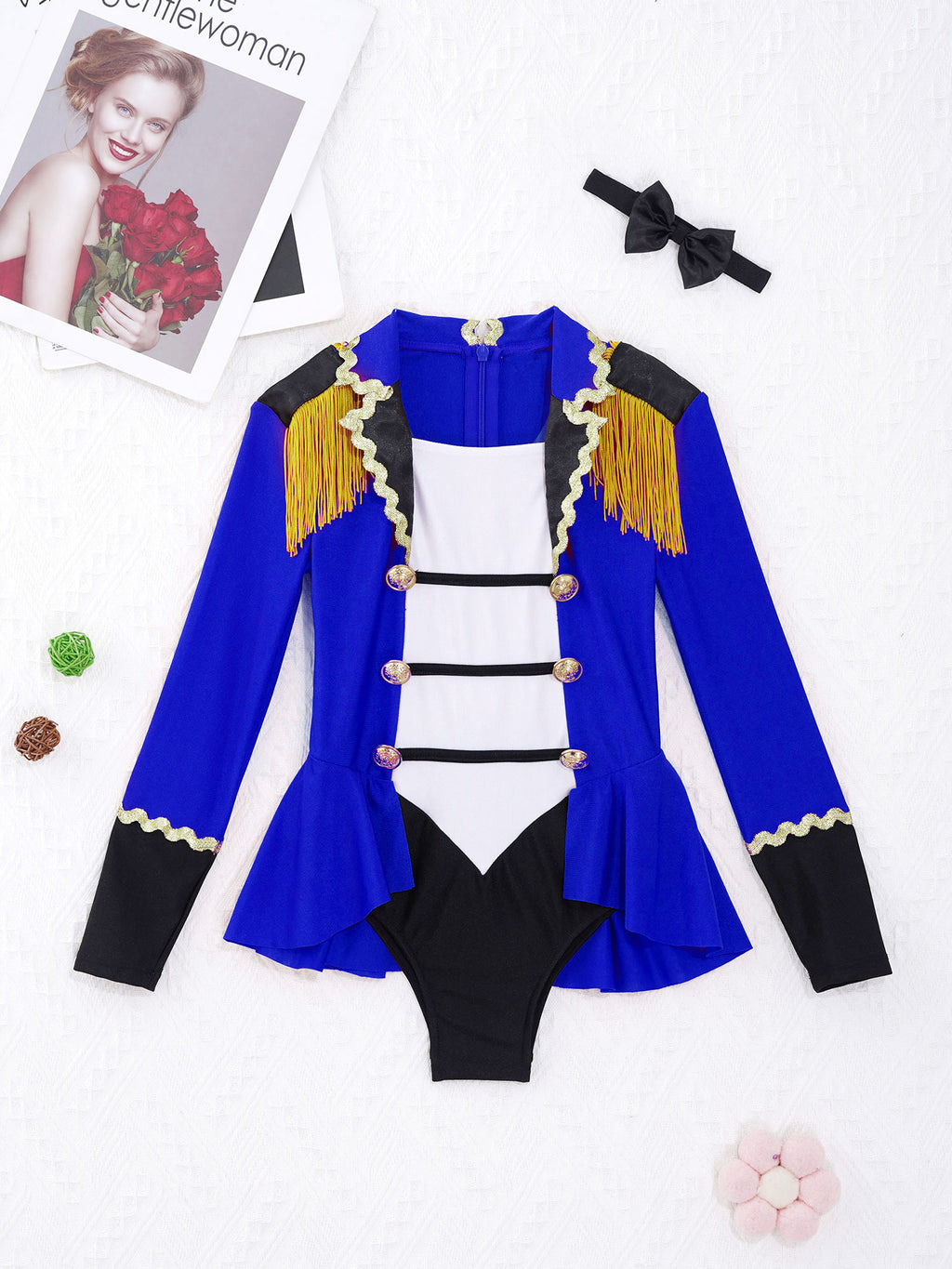 Kids Girls Circus Ringmaster Cosplay Costumes Long Sleeves Bodysuit Leotard Tassel Buttons Romper Jumpsuit for Halloween Party
