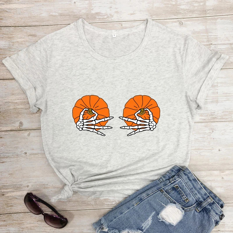 Halloween Pumpkin Boobs Colored T-shirt Funny Skeleton Boobs Top Tee Shirt Women Spooky Holiday Fall Tshirt