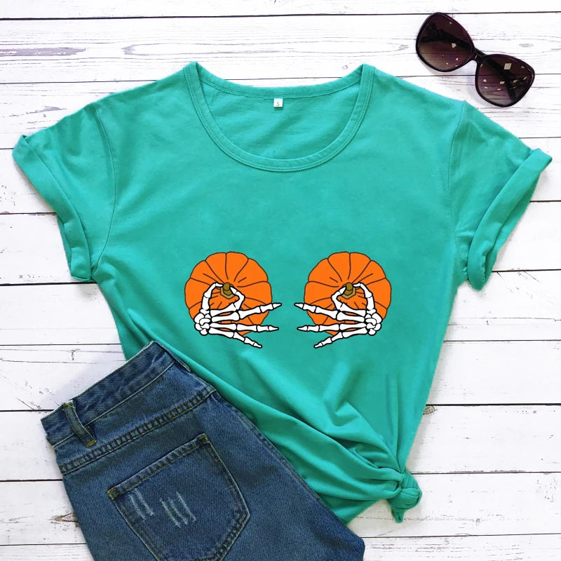 Halloween Pumpkin Boobs Colored T-shirt Funny Skeleton Boobs Top Tee Shirt Women Spooky Holiday Fall Tshirt