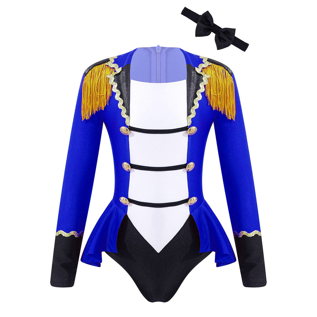 Kids Girls Circus Ringmaster Cosplay Costumes Long Sleeves Bodysuit Leotard Tassel Buttons Romper Jumpsuit for Halloween Party
