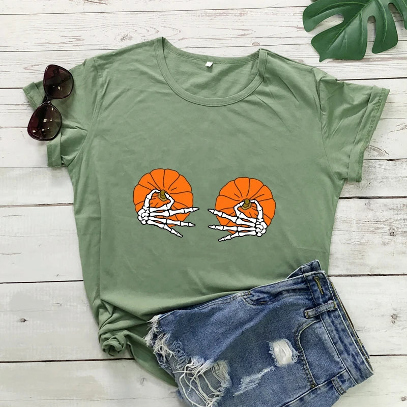 Halloween Pumpkin Boobs Colored T-shirt Funny Skeleton Boobs Top Tee Shirt Women Spooky Holiday Fall Tshirt