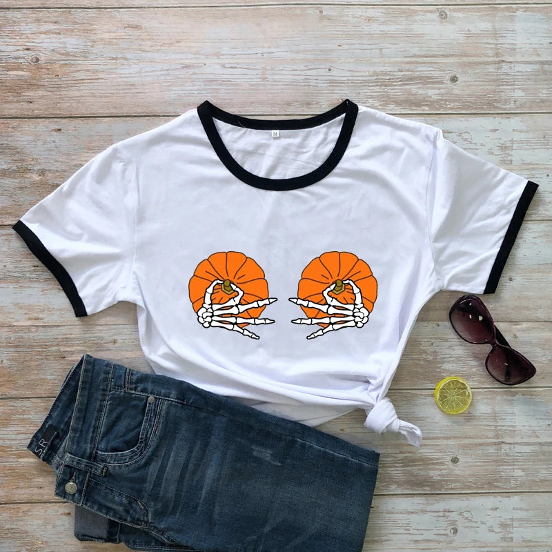 Halloween Pumpkin Boobs Colored T-shirt Funny Skeleton Boobs Top Tee Shirt Women Spooky Holiday Fall Tshirt