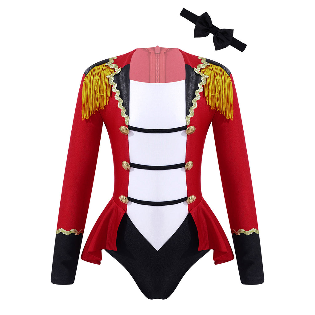 Kids Girls Circus Ringmaster Cosplay Costumes Long Sleeves Bodysuit Leotard Tassel Buttons Romper Jumpsuit for Halloween Party
