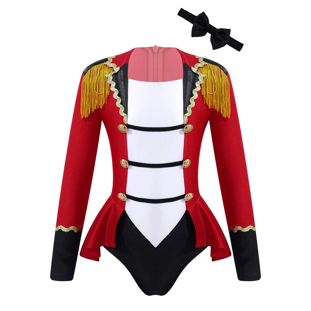 Kids Girls Circus Ringmaster Cosplay Costumes Long Sleeves Bodysuit Leotard Tassel Buttons Romper Jumpsuit for Halloween Party