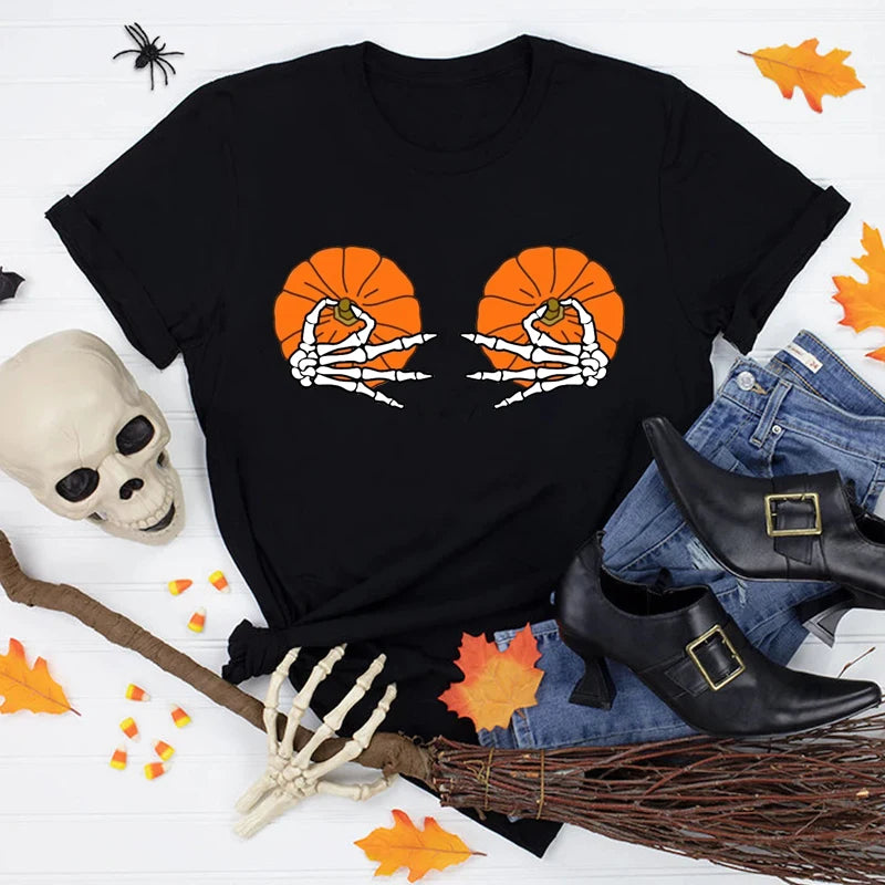 Halloween Pumpkin Boobs Colored T-shirt Funny Skeleton Boobs Top Tee Shirt Women Spooky Holiday Fall Tshirt