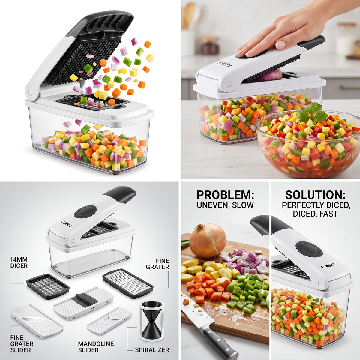 Cortador de verduras y hortalizas multifuncional con cuchillas intercambiables de acero inoxidable quirúrgico. Pica, rebana, ralla y corta en juliana en segundos. Incluye contenedor recolector transparente de alta capacidad, base antideslizante y protector de seguridad para dedos. Reduce el tiempo de preparación de comidas a la mitad.