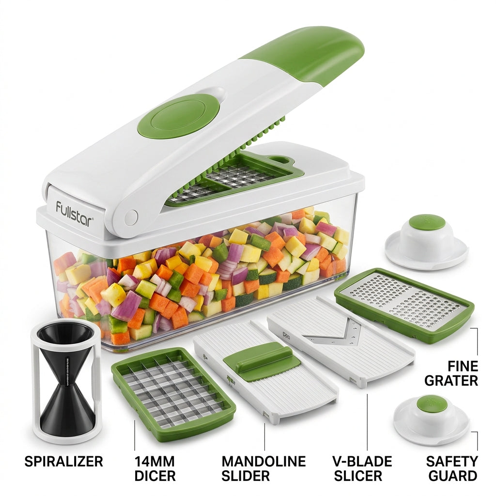 Cortador de verduras y hortalizas multifuncional con cuchillas intercambiables de acero inoxidable quirúrgico. Pica, rebana, ralla y corta en juliana en segundos. Incluye contenedor recolector transparente de alta capacidad, base antideslizante y protector de seguridad para dedos. Reduce el tiempo de preparación de comidas a la mitad.