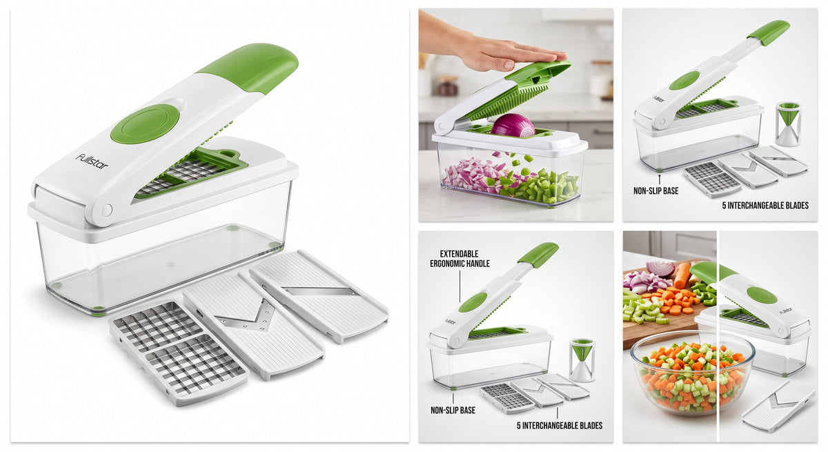 Cortador de verduras y hortalizas multifuncional con cuchillas intercambiables de acero inoxidable quirúrgico. Pica, rebana, ralla y corta en juliana en segundos. Incluye contenedor recolector transparente de alta capacidad, base antideslizante y protector de seguridad para dedos. Reduce el tiempo de preparación de comidas a la mitad.