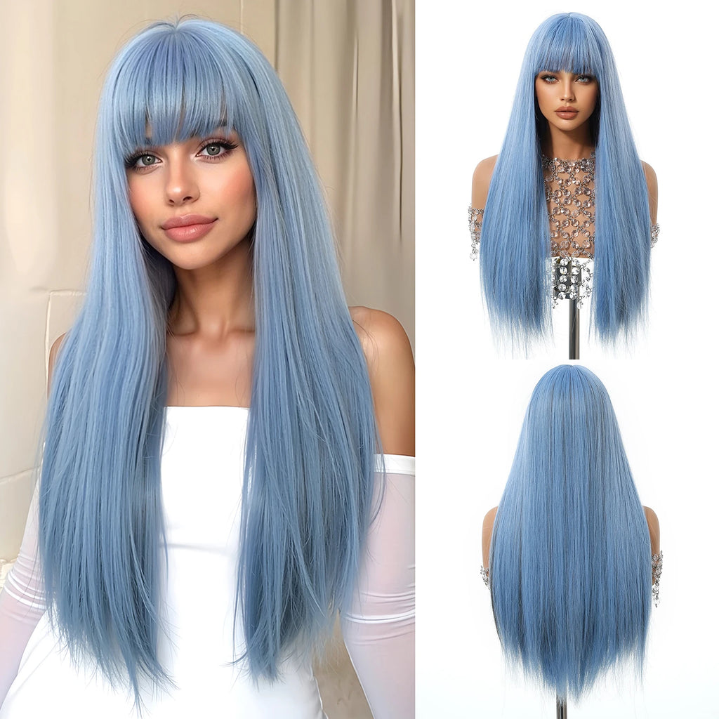 HENRY MARGU Red Long Straight Synthetic Wig with Bangs Burgundy Colorful Cosplay Wigs for Women Halloween Wigs Heat Resistant