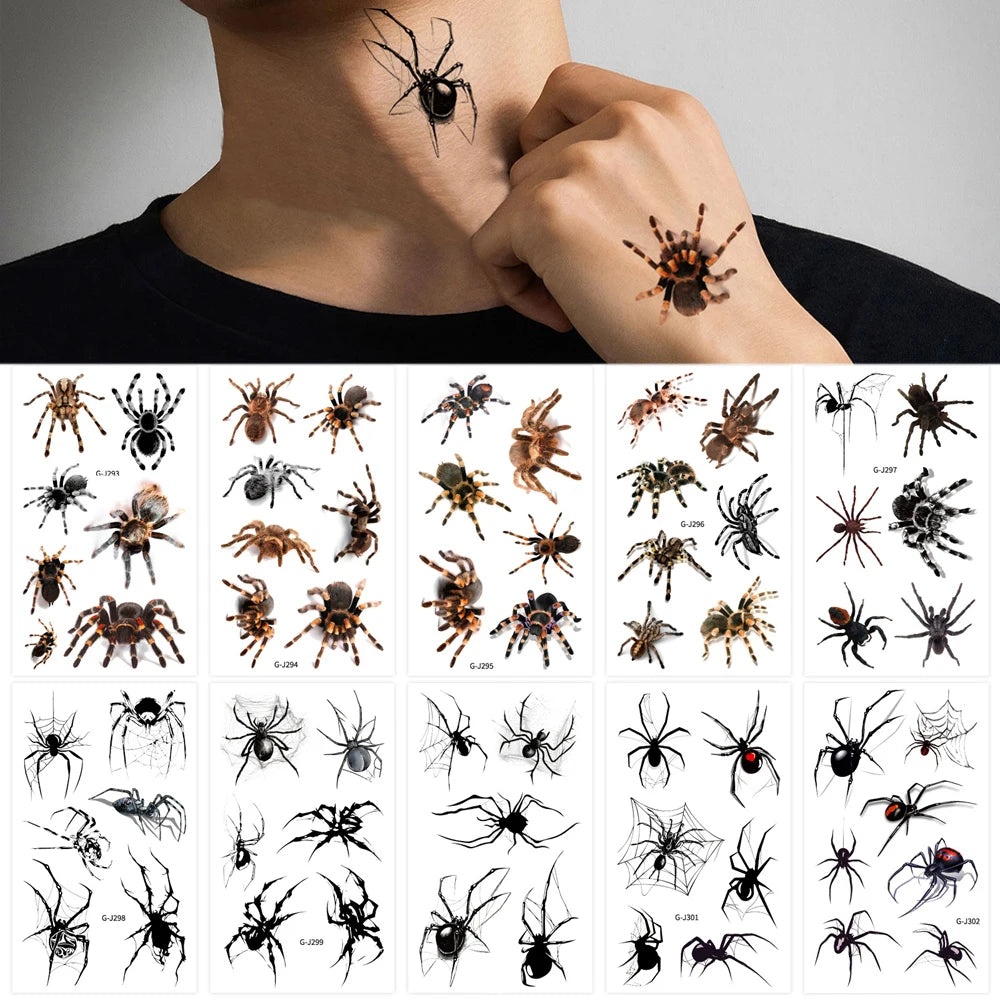 10PCS Waterproof Halloween Spider Temporary Tattoos for Women Men Realistic Spider Web Fake Tattoo Stickers for Party Body Art