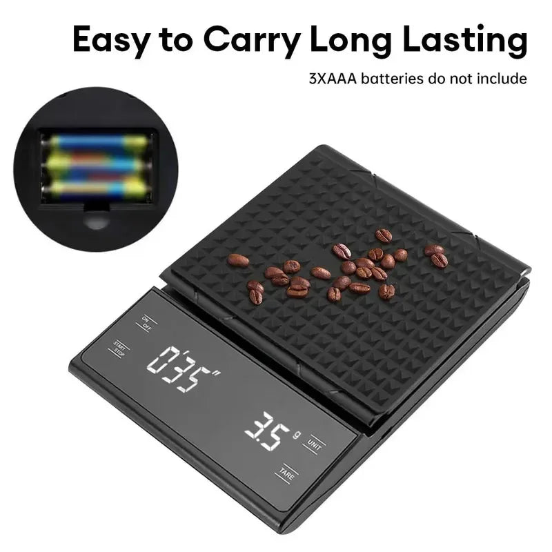 Digital Rechargable Coffee Scale with Timer LED Screen Espresso USB 3kg Max.Weighing 0.1g High Precision Measures Kitchen Scale