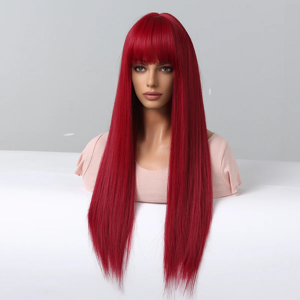 HENRY MARGU Red Long Straight Synthetic Wig with Bangs Burgundy Colorful Cosplay Wigs for Women Halloween Wigs Heat Resistant
