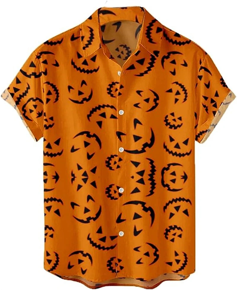 Halloween Skull Graphic Shirts Fashion Trend Short Sleeve Lapel 3D Pumpkin Printed Hawaiian Shirt Loose Streetwear Mens Clothing