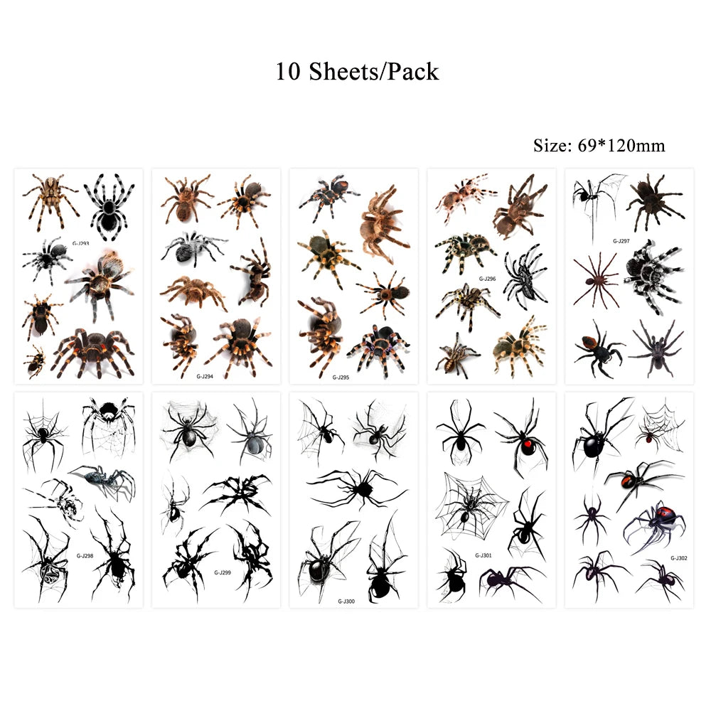 10PCS Waterproof Halloween Spider Temporary Tattoos for Women Men Realistic Spider Web Fake Tattoo Stickers for Party Body Art