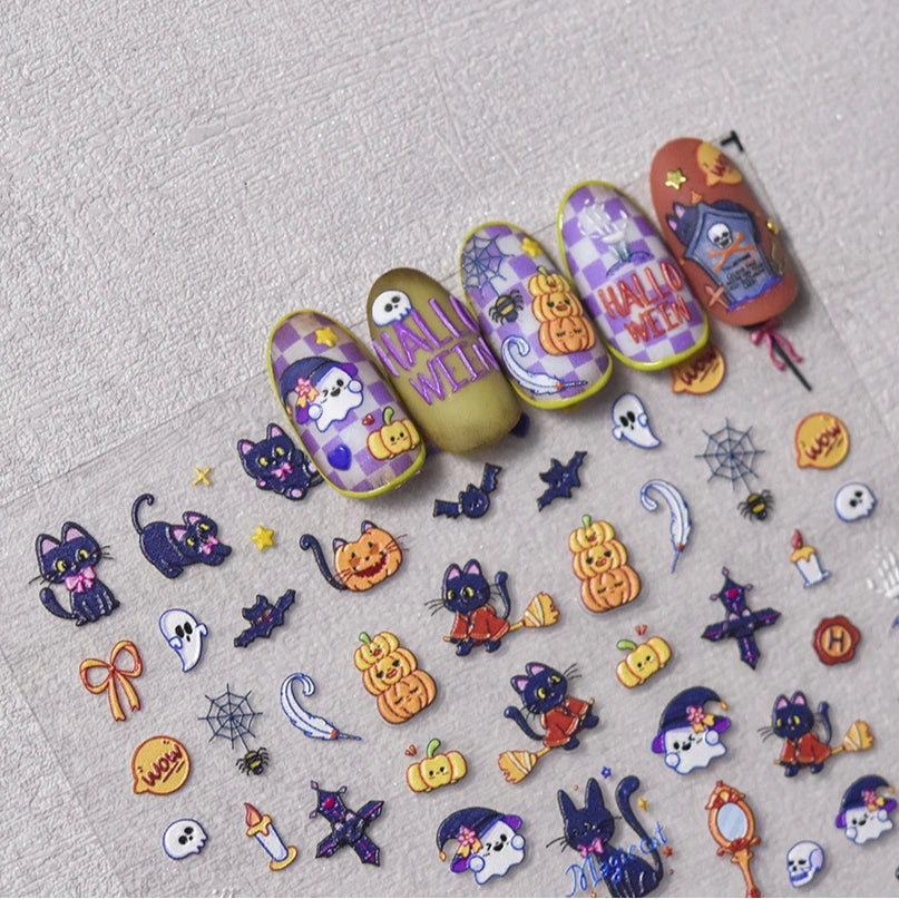 Halloween Horror Bloody Dark Rabbit Cat Pumpkin Flower Bowknot Bear Bunny Ghost Bat Cross Skull Nail Art Stickers Manicure Decal