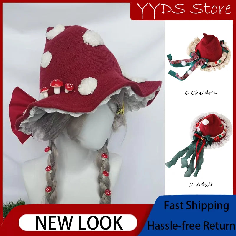Parent-Child Christmas Witch Hat Set - Women's Gothic Lolita Top Hat & Kids Bowknot Witch Accessory