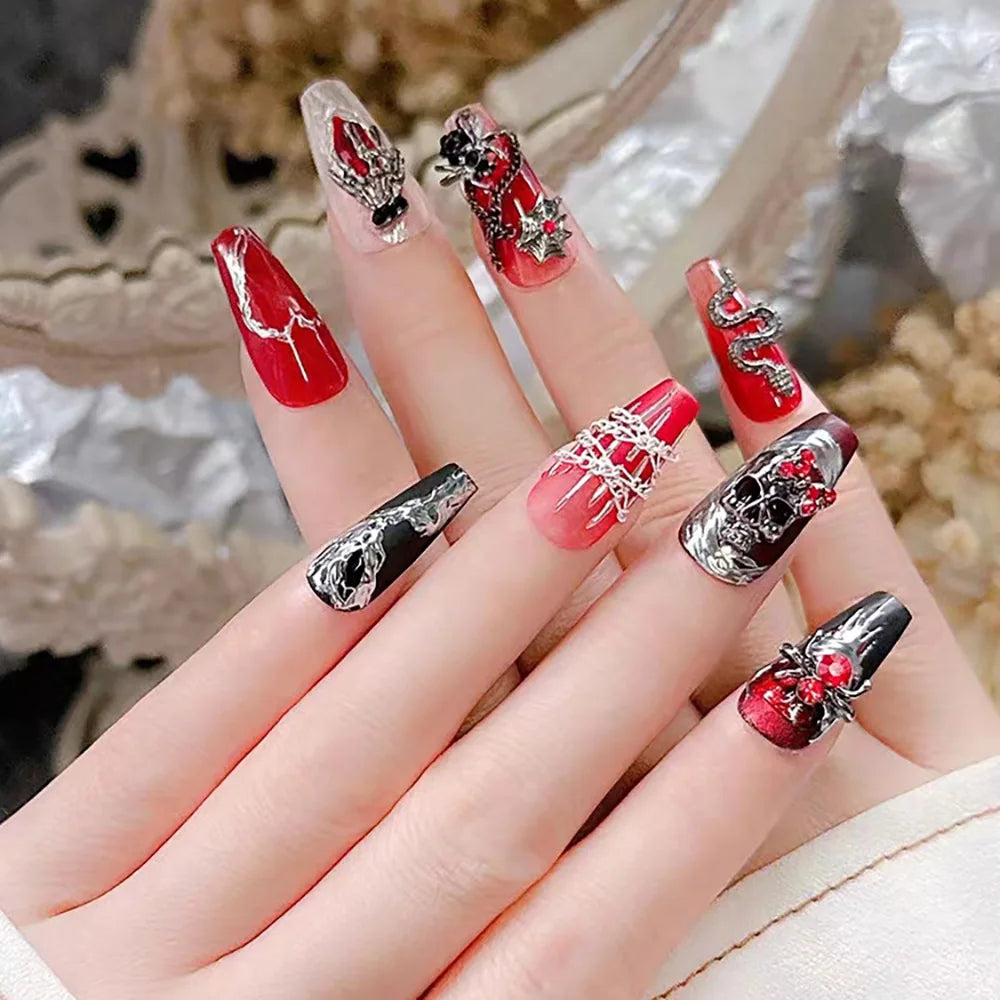 10Pcs Halloween Punk Chrome Nail Charms Alloy Diamond Rhinestones Skull/Spider/Cross Gun Black Manicure Jewelry Nail Art Decors