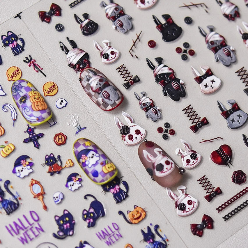 Halloween Horror Bloody Dark Rabbit Cat Pumpkin Flower Bowknot Bear Bunny Ghost Bat Cross Skull Nail Art Stickers Manicure Decal