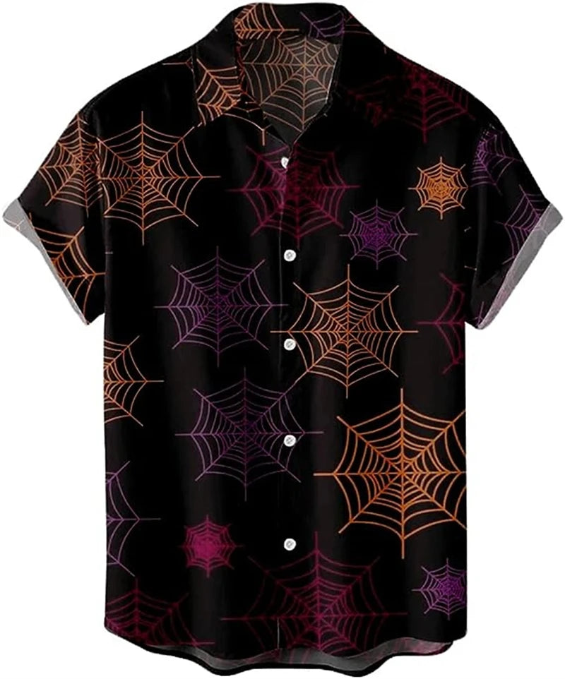 Halloween Skull Graphic Shirts Fashion Trend Short Sleeve Lapel 3D Pumpkin Printed Hawaiian Shirt Loose Streetwear Mens Clothing