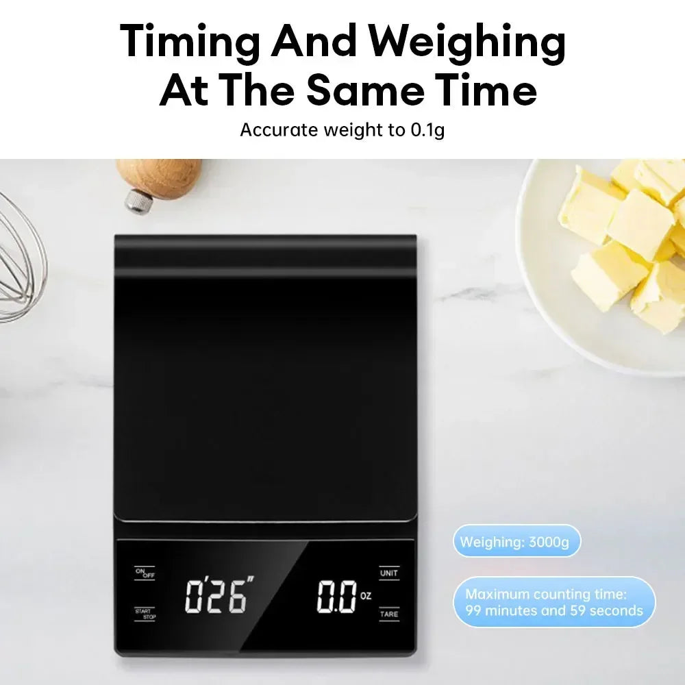 Digital Rechargable Coffee Scale with Timer LED Screen Espresso USB 3kg Max.Weighing 0.1g High Precision Measures Kitchen Scale