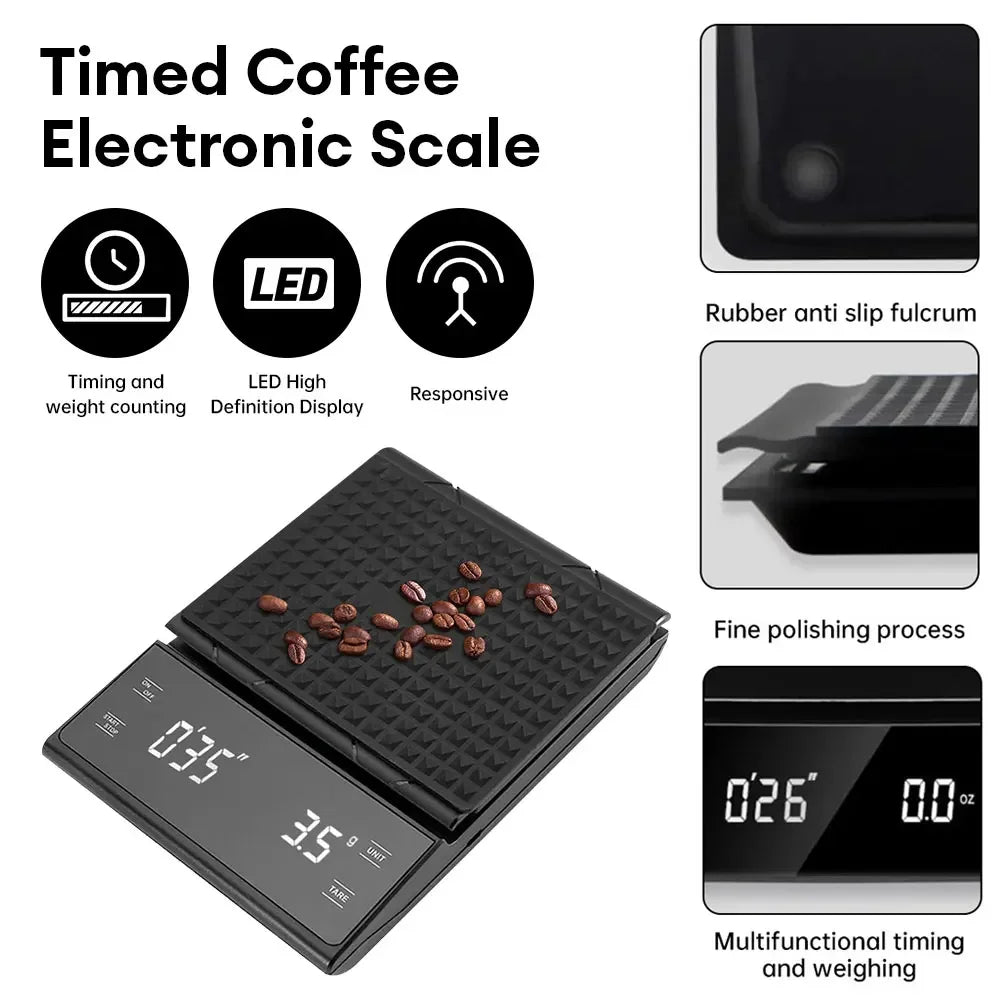 Digital Rechargable Coffee Scale with Timer LED Screen Espresso USB 3kg Max.Weighing 0.1g High Precision Measures Kitchen Scale