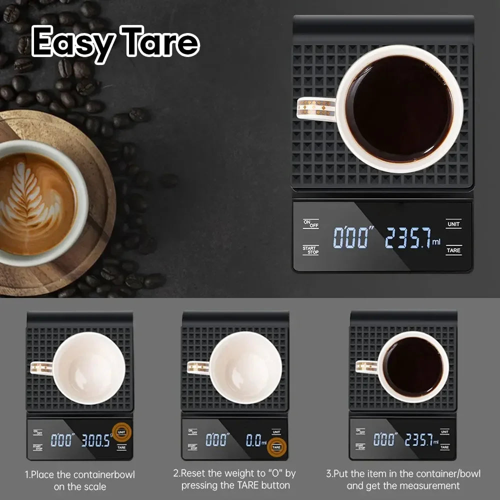 Digital Rechargable Coffee Scale with Timer LED Screen Espresso USB 3kg Max.Weighing 0.1g High Precision Measures Kitchen Scale