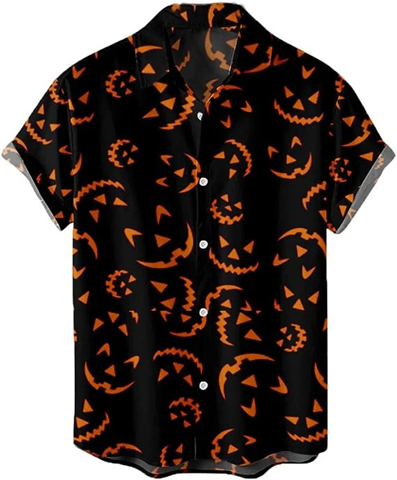 Halloween Skull Graphic Shirts Fashion Trend Short Sleeve Lapel 3D Pumpkin Printed Hawaiian Shirt Loose Streetwear Mens Clothing