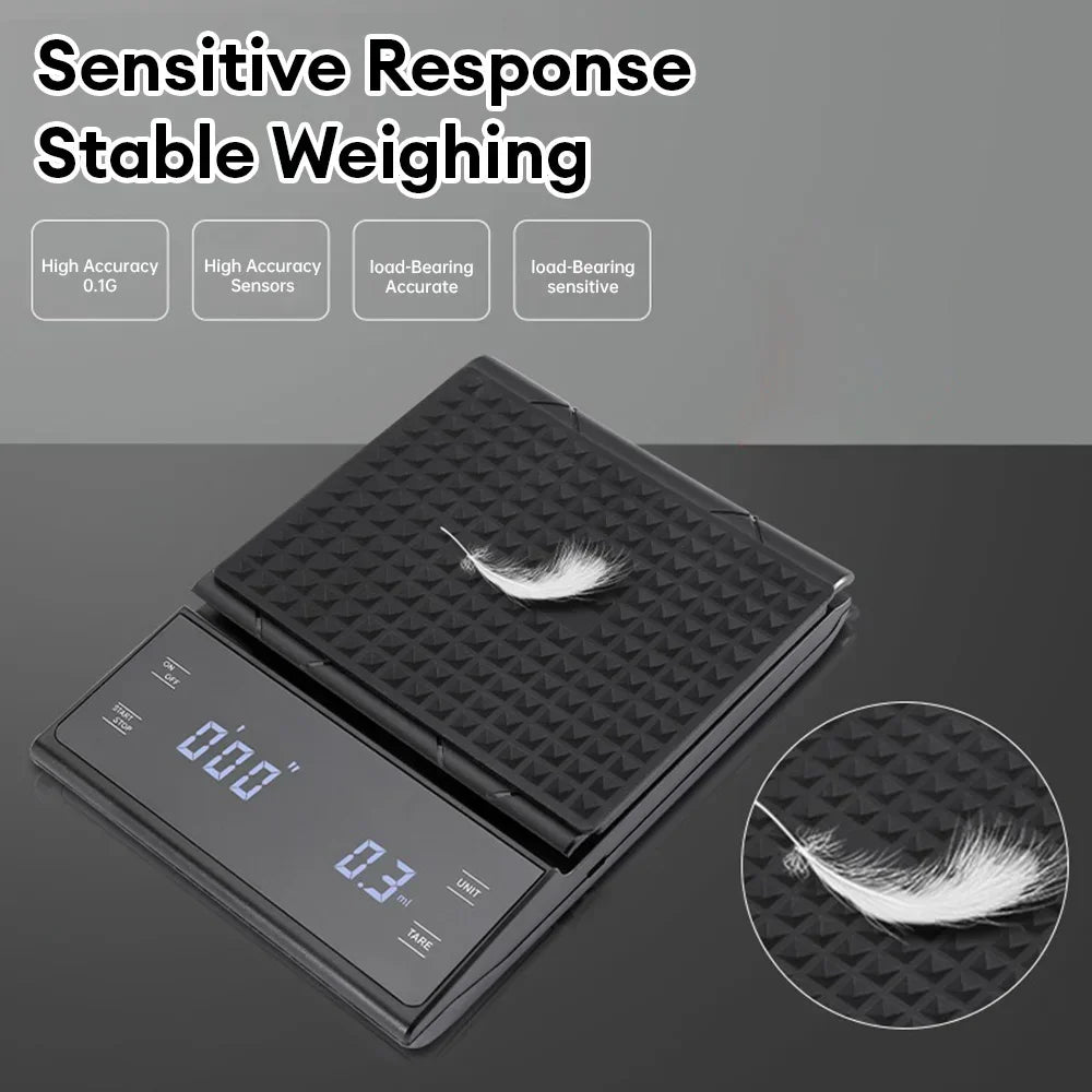 Digital Rechargable Coffee Scale with Timer LED Screen Espresso USB 3kg Max.Weighing 0.1g High Precision Measures Kitchen Scale