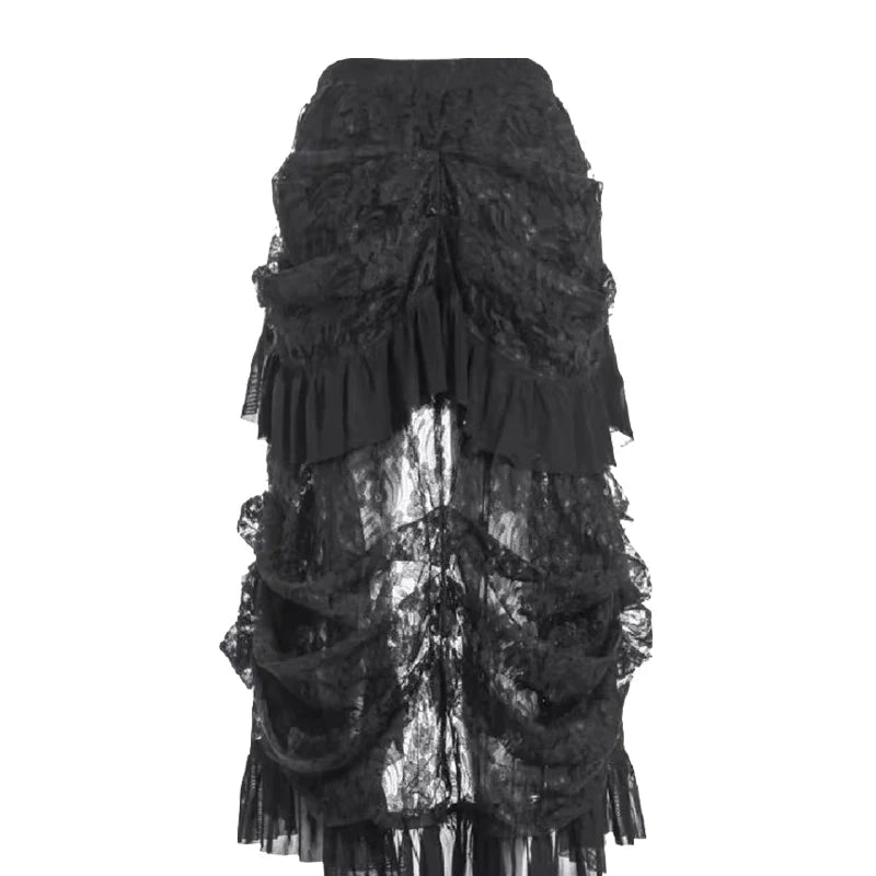 Gothic Black Long Bustle Lace Ruffle Skirt Halloween Victorian Costume Women Punk Overskirt Trailing Dance Banquet Overdress