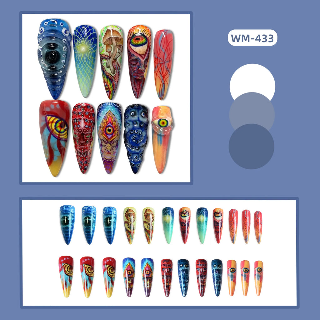 24pcs Halloween Press on Nails Trippy Psychedelic Evil Eye Mushroom Fake Nail Gothic Hippie Abstract Art False Nail for Women