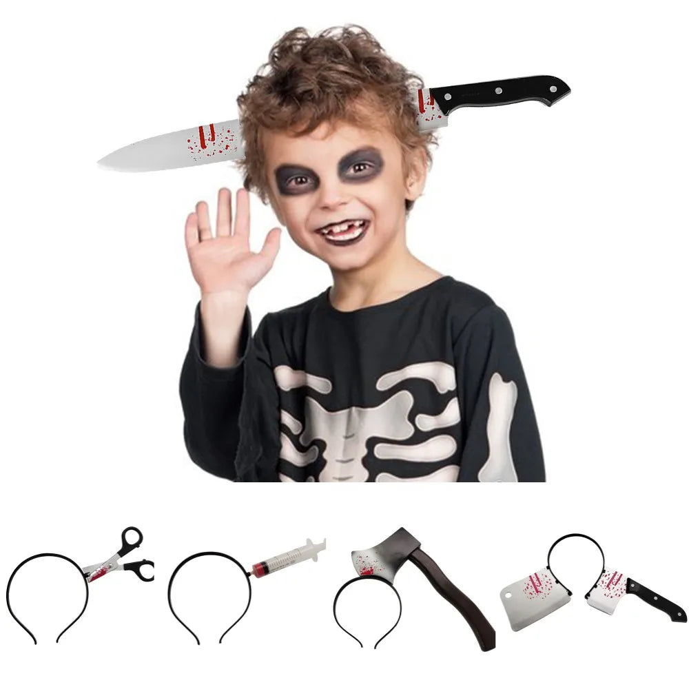 Happy Halloween Headband Fake Plastic Axe Knife Scissors Head Accessories Cosplay Diy Halloween Party Decorations Supplies