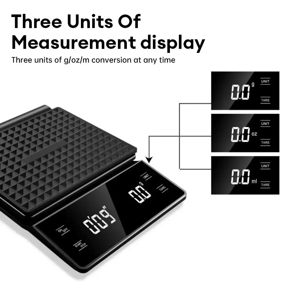 Digital Rechargable Coffee Scale with Timer LED Screen Espresso USB 3kg Max.Weighing 0.1g High Precision Measures Kitchen Scale