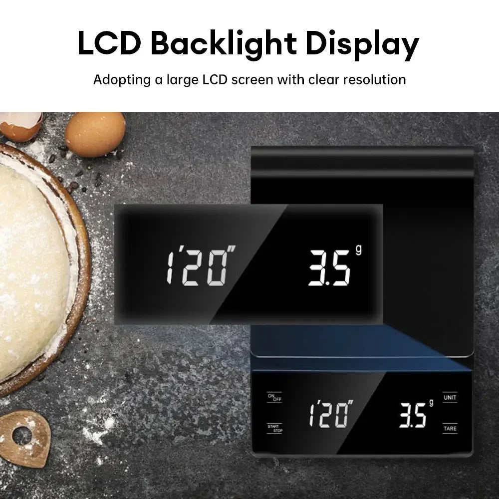 Digital Rechargable Coffee Scale with Timer LED Screen Espresso USB 3kg Max.Weighing 0.1g High Precision Measures Kitchen Scale
