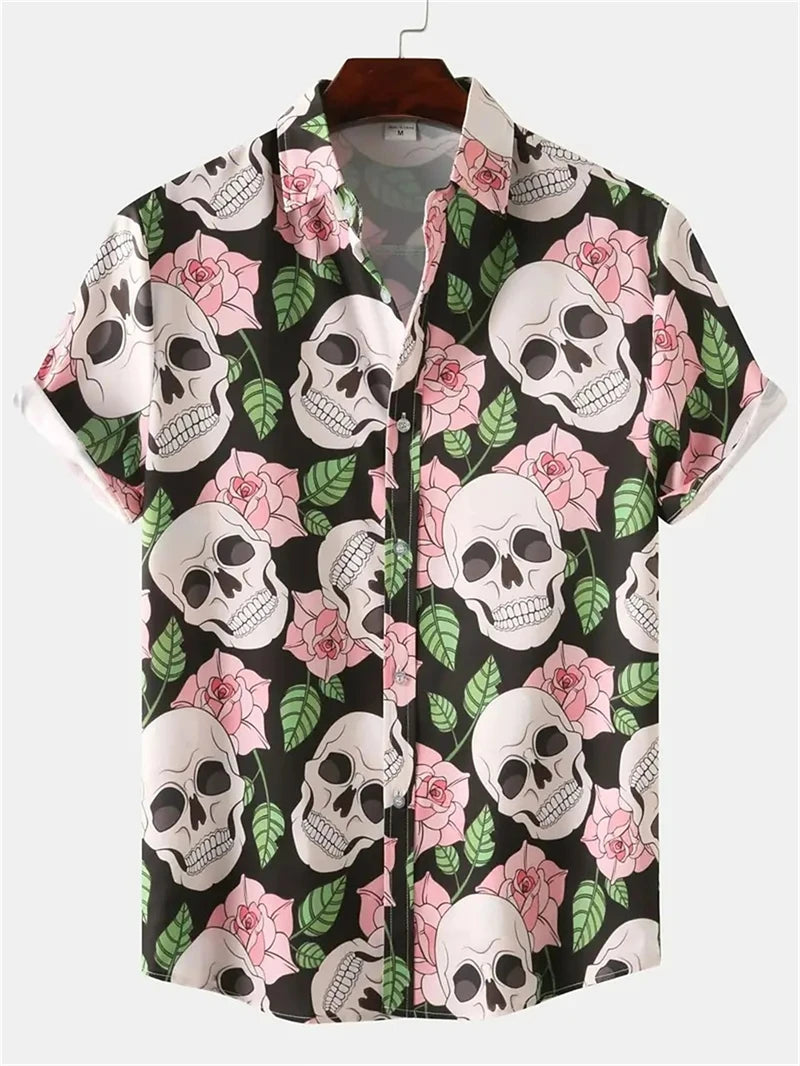 Halloween Skull Graphic Shirts Fashion Trend Short Sleeve Lapel 3D Pumpkin Printed Hawaiian Shirt Loose Streetwear Mens Clothing