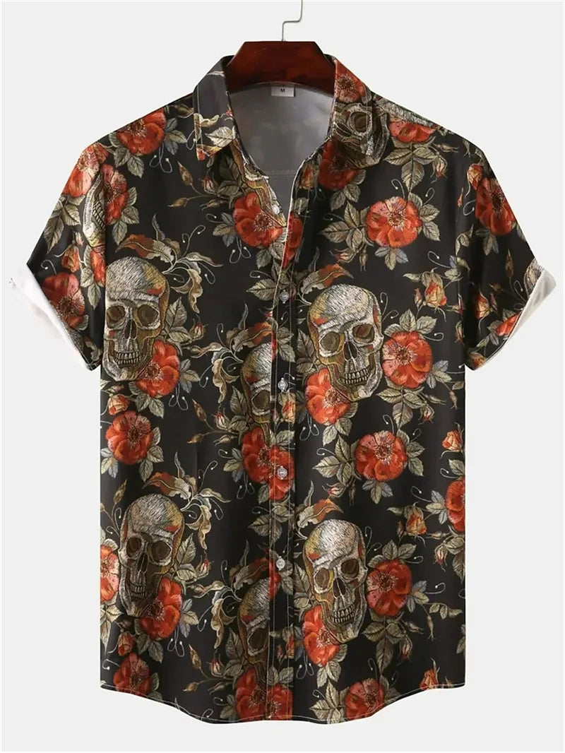 Halloween Skull Graphic Shirts Fashion Trend Short Sleeve Lapel 3D Pumpkin Printed Hawaiian Shirt Loose Streetwear Mens Clothing