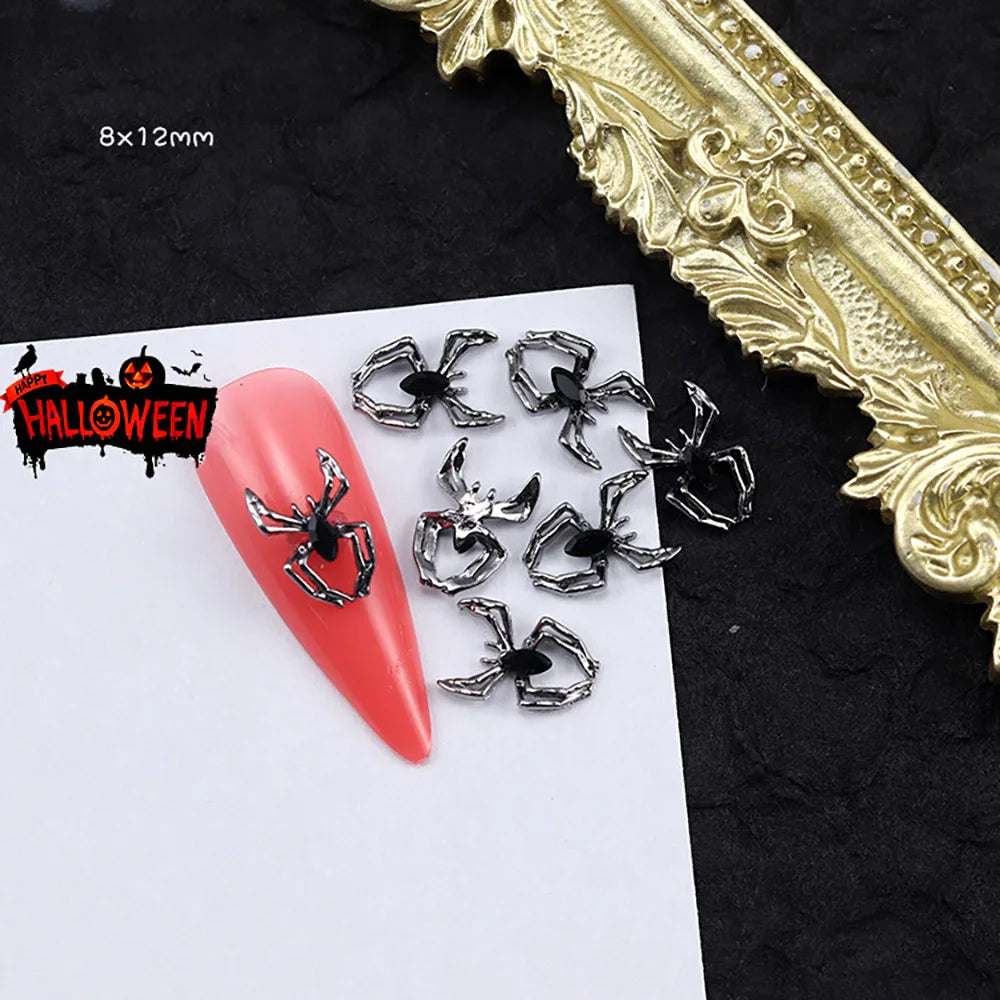 10Pcs Halloween Punk Chrome Nail Charms Alloy Diamond Rhinestones Skull/Spider/Cross Gun Black Manicure Jewelry Nail Art Decors