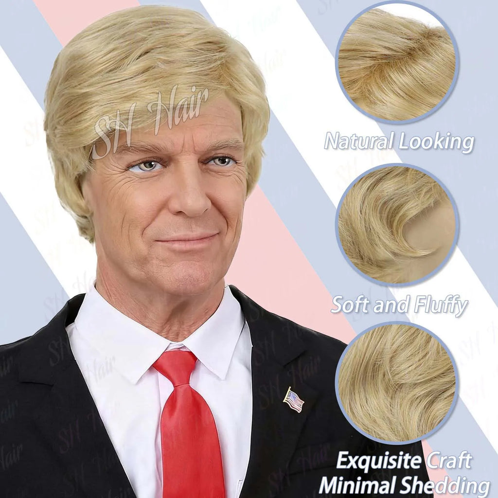 Synthetic 3pc Blonde Costume Wig + Flag Pin + Red Tie for Adults Blonde Layered Cosplay Mens Wig Halloween Costumes Funny Wigs