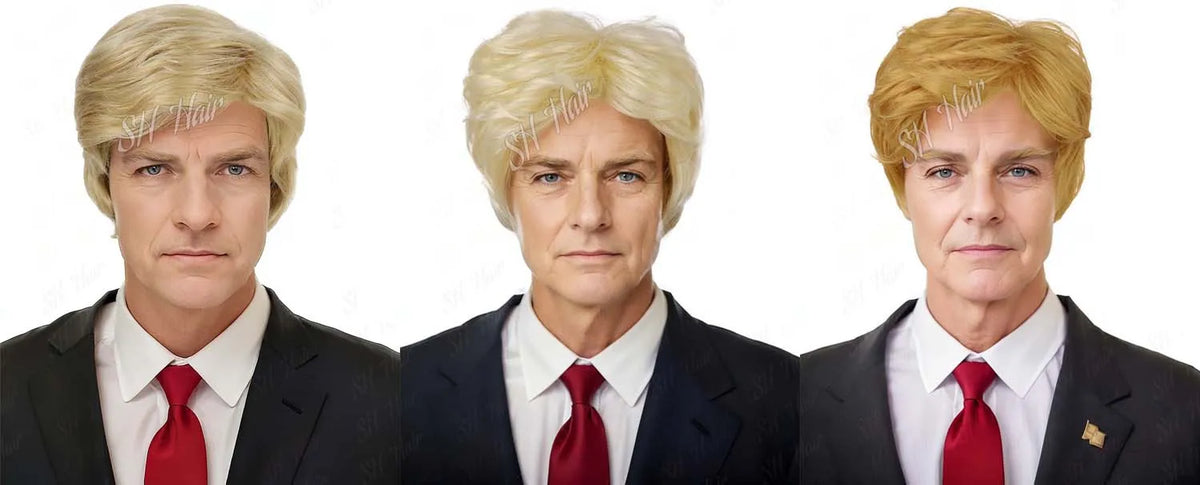 Synthetic 3pc Blonde Costume Wig + Flag Pin + Red Tie for Adults Blonde Layered Cosplay Mens Wig Halloween Costumes Funny Wigs