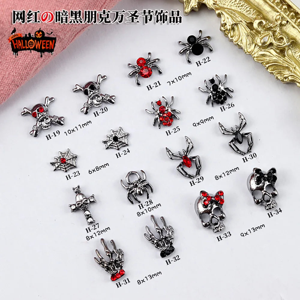 10Pcs Halloween Punk Chrome Nail Charms Alloy Diamond Rhinestones Skull/Spider/Cross Gun Black Manicure Jewelry Nail Art Decors