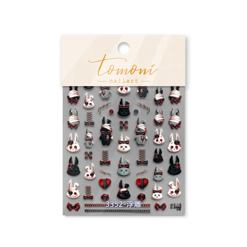 Halloween Horror Bloody Dark Rabbit Cat Pumpkin Flower Bowknot Bear Bunny Ghost Bat Cross Skull Nail Art Stickers Manicure Decal