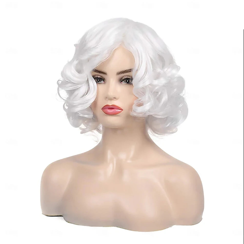 HAIRJOY Synthetic Hair Short Curly White Wig for Women  Wavy Costume Wig for Cosplay Party Halloween Wigs