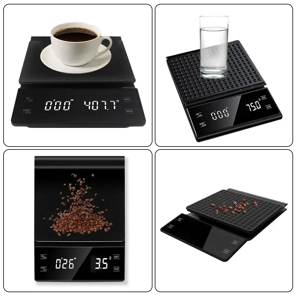 Digital Rechargable Coffee Scale with Timer LED Screen Espresso USB 3kg Max.Weighing 0.1g High Precision Measures Kitchen Scale