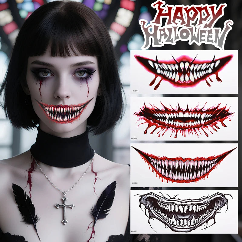 Halloween Temporary Tattoo Sticker Waterproof Horror Big Mouth Tattoo Sticker For Men Women Party Body Art Fake Tattoo Sticker
