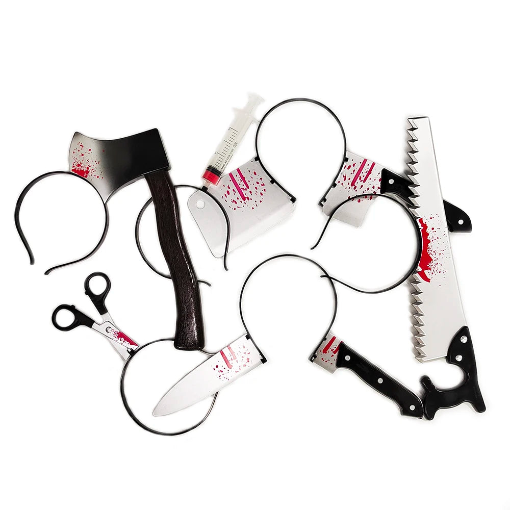 Happy Halloween Headband Fake Plastic Axe Knife Scissors Head Accessories Cosplay Diy Halloween Party Decorations Supplies