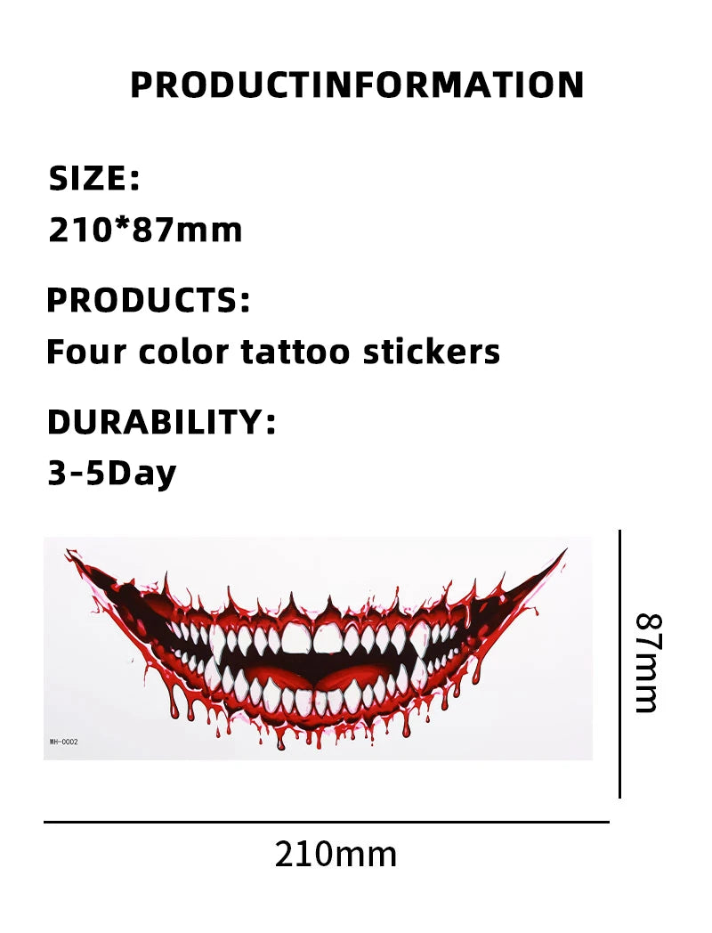 Halloween Temporary Tattoo Sticker Waterproof Horror Big Mouth Tattoo Sticker For Men Women Party Body Art Fake Tattoo Sticker